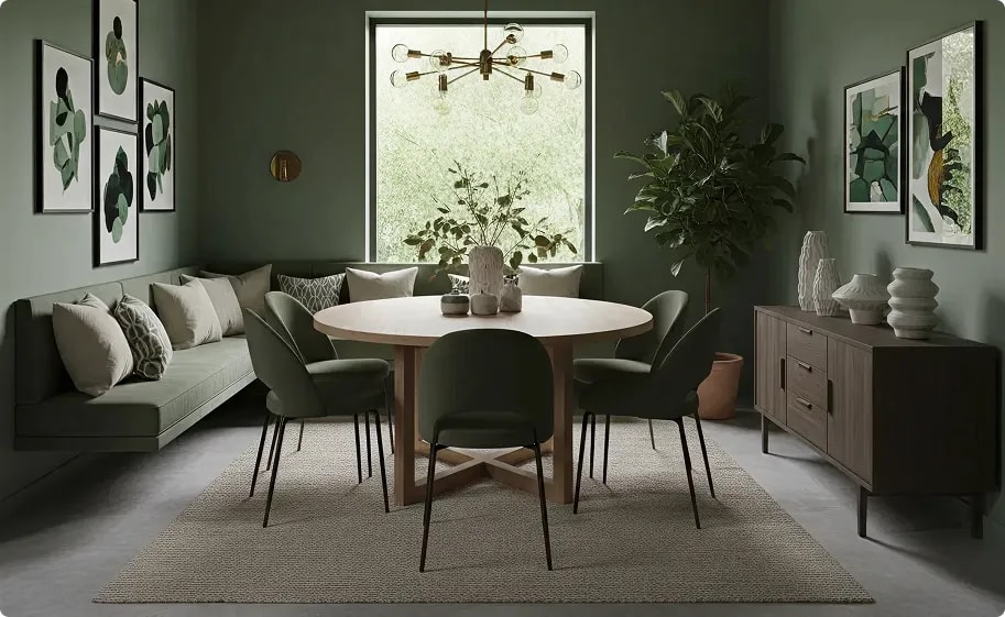 Esszimmer mit rundem Esstisch und grüner Wand